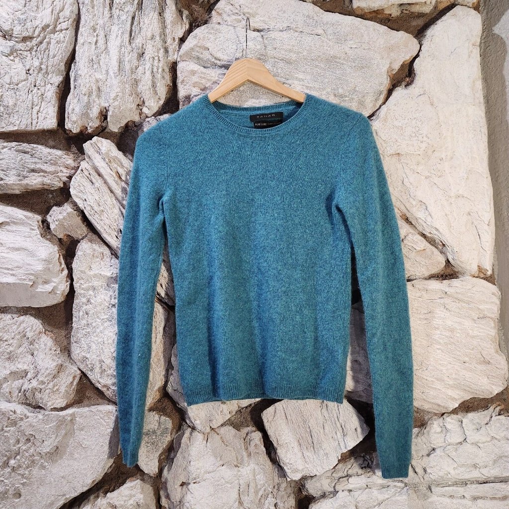Tahari 100% Cashmere Pure Luxe Blue Teal Sweater Sz Xsmall Long Sleeve Crewneck
